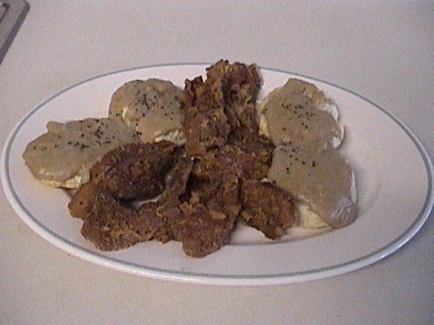 fried bacon, biscuits and gravy!